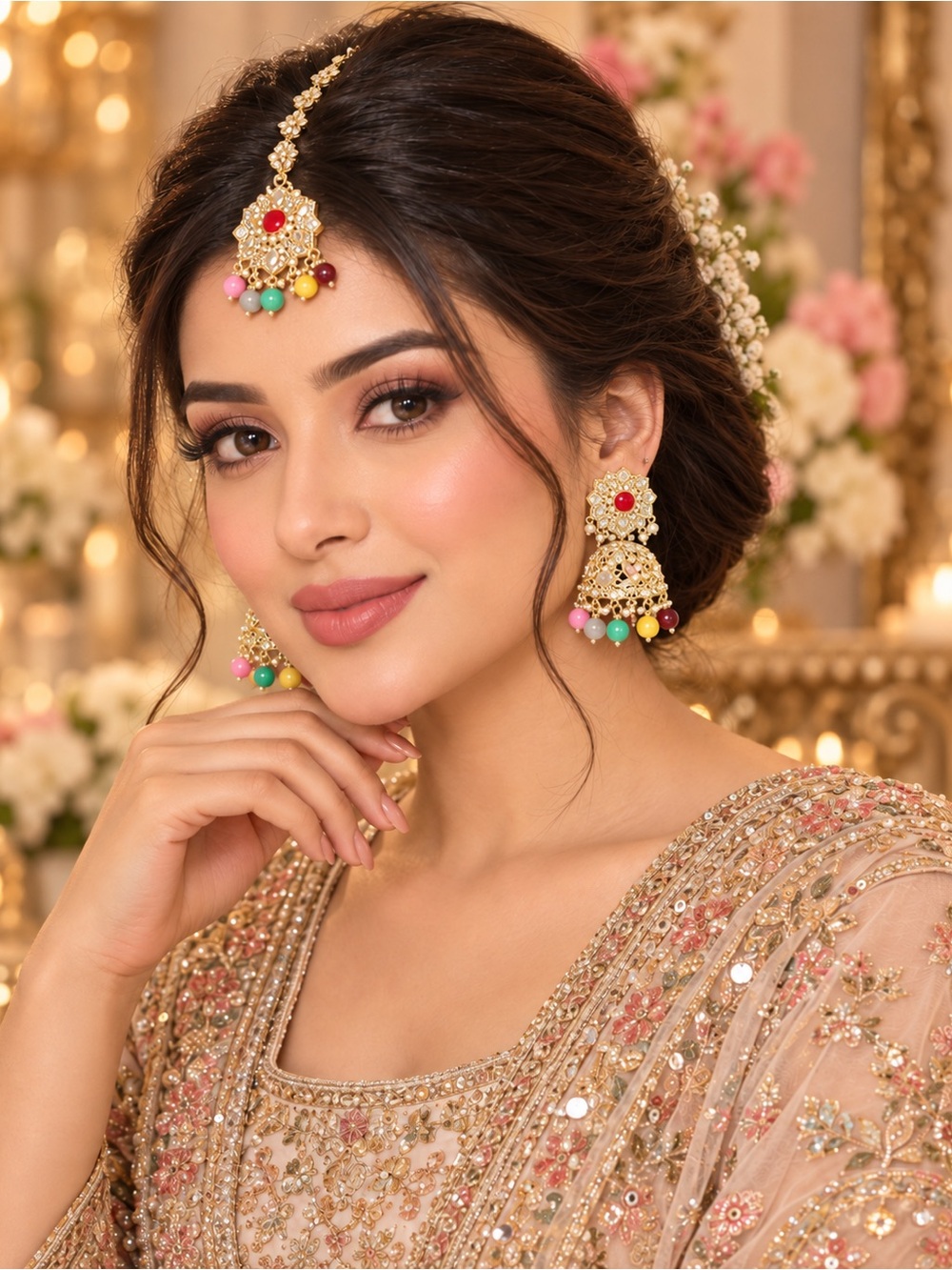 Elegant Gold-Tone Multicolor Stone Jhumka Earrings and Maang Tikka Set